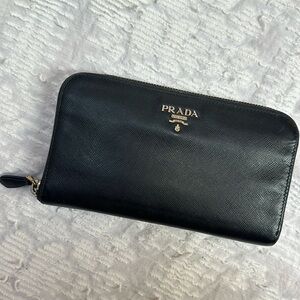 Prada Saffiano Leather Zippered Long Wallet Black Gold Logo